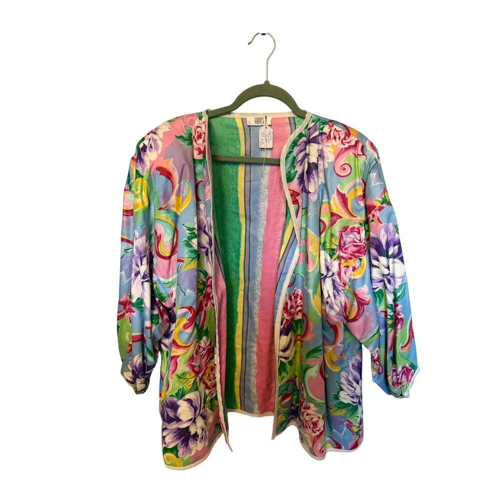 Gumps San Francisco Vintage Floral Kimono Jacket Open Front Multi Color Print